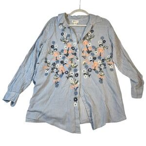 Style & Co Woman 2X Blue Striped‎ Embroidered Long Sleeve Button Up Top Blouse